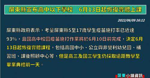 屏東縣宣布高中以下學校 6月13日起恢復實體上課